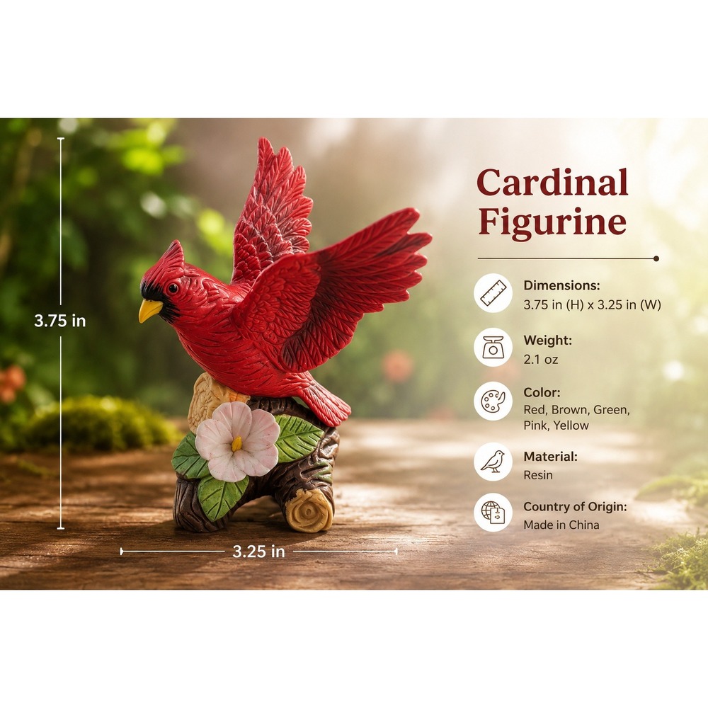 Red Cardinal Bird‎ Figurine on Branch with Flower Resin Nature Decor 3.75 inch